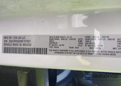 2022 Ram Promaster 2500 High Roof 159 Wb from USA, damaged, VIN 3C6LRVDG2NE107631